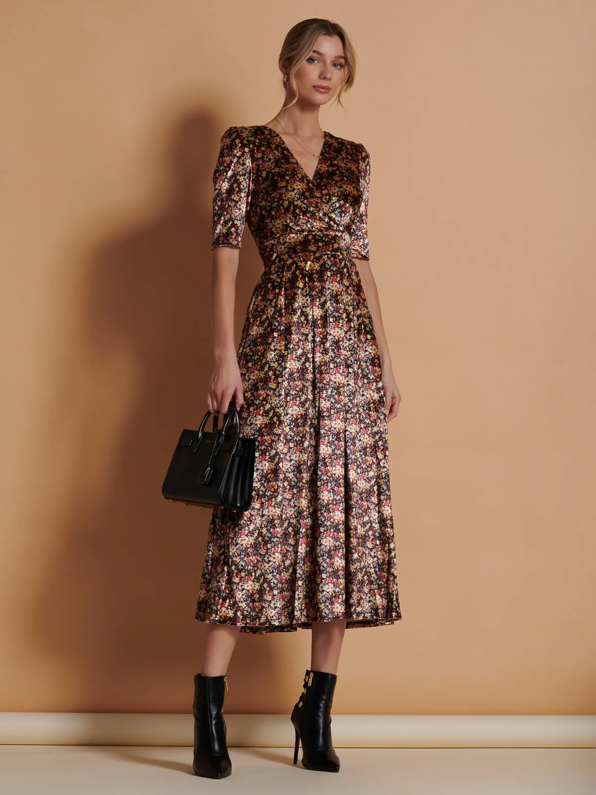 Floral Print Velvet Maxi Dress, Floral Abstract