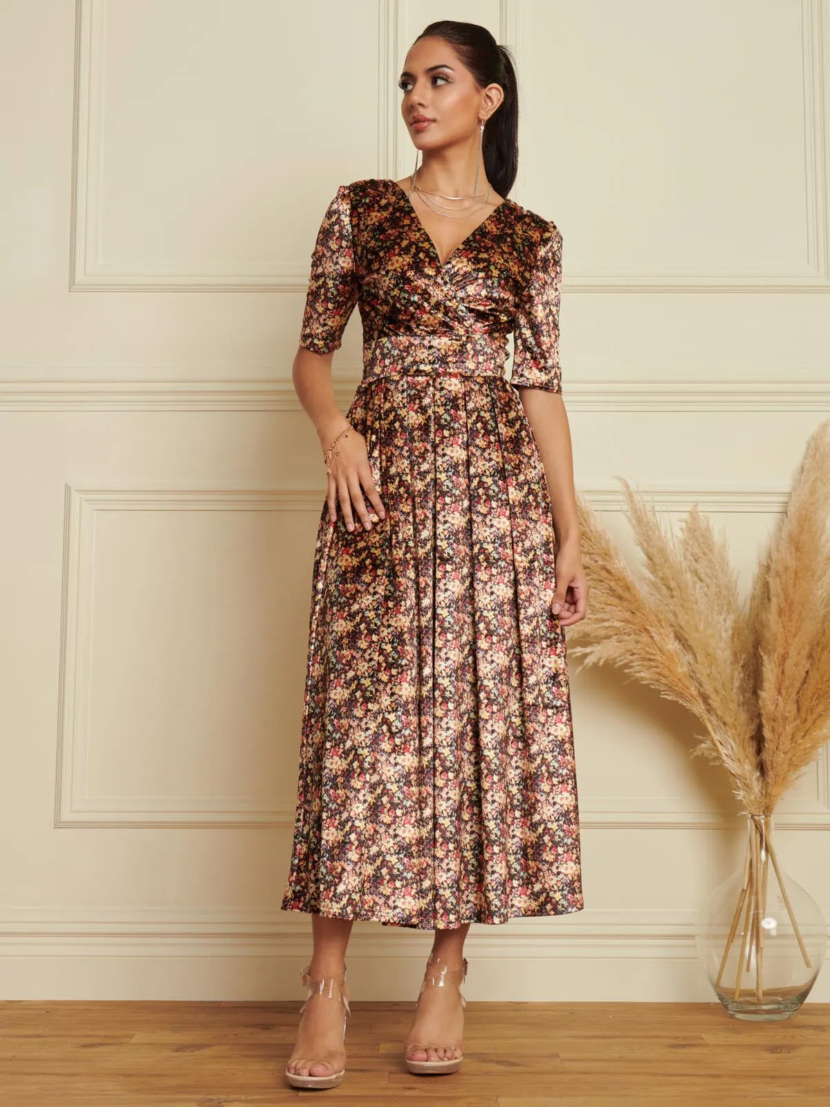 Floral Print Velvet Maxi Dress, Floral Abstract