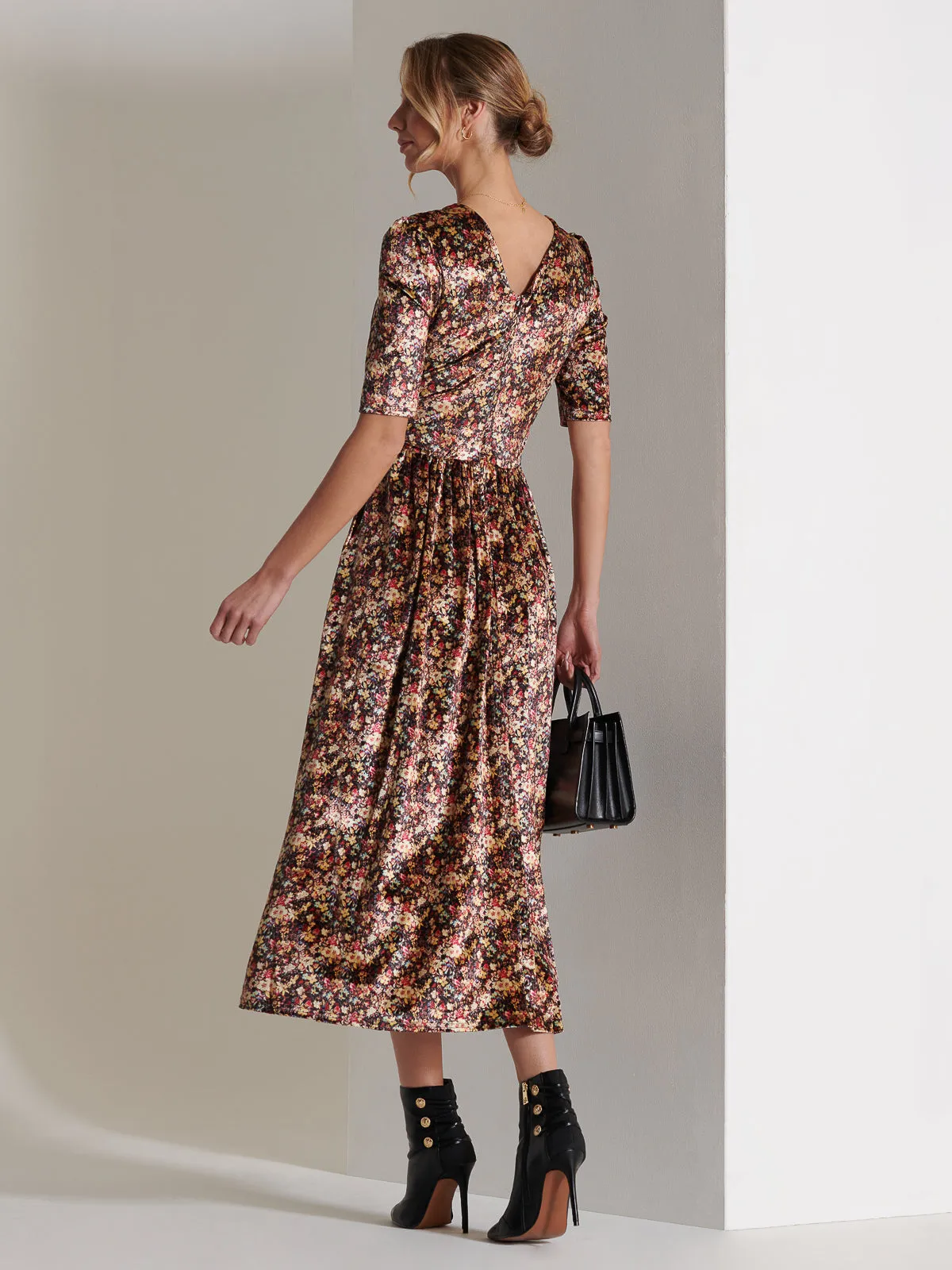 Floral Print Velvet Maxi Dress, Floral Abstract