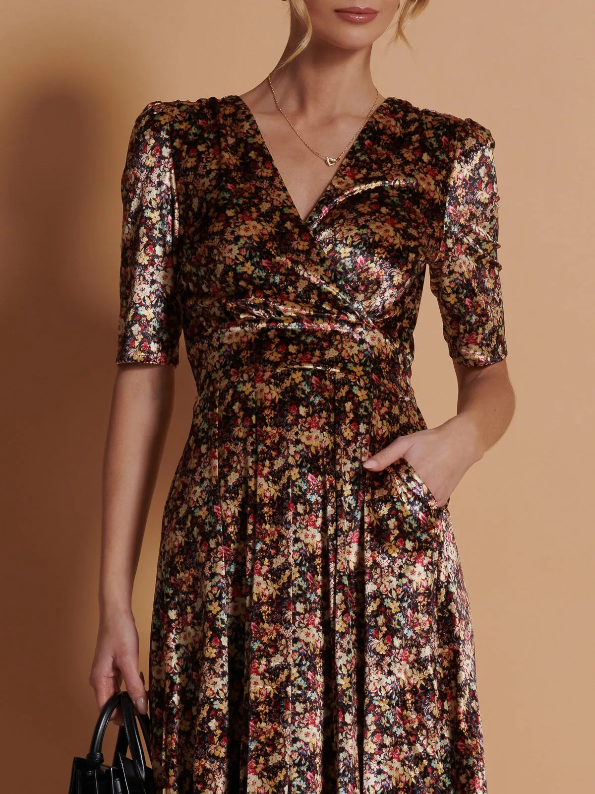 Floral Print Velvet Maxi Dress, Floral Abstract