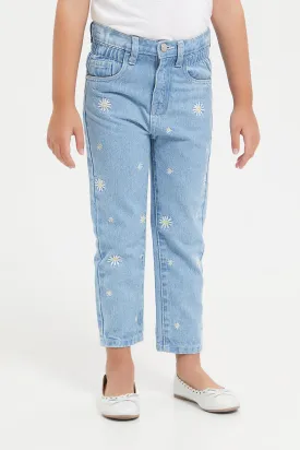 Girls Blue Flower Embroidered Jeggings