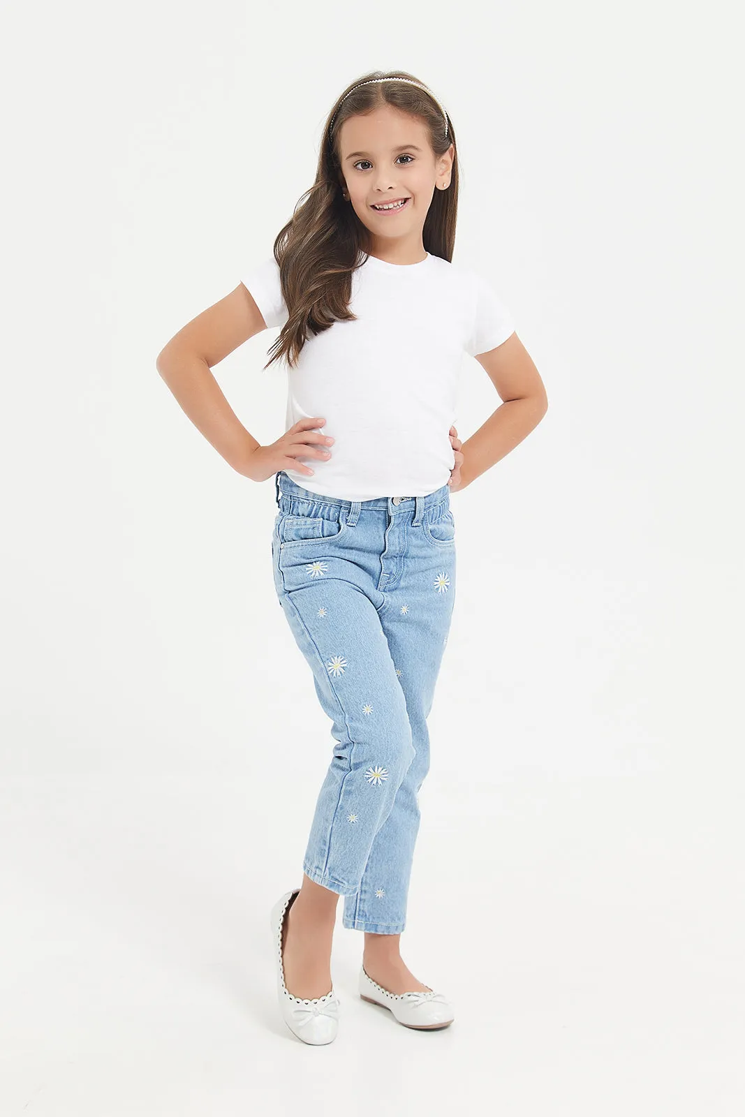 Girls Blue Flower Embroidered Jeggings