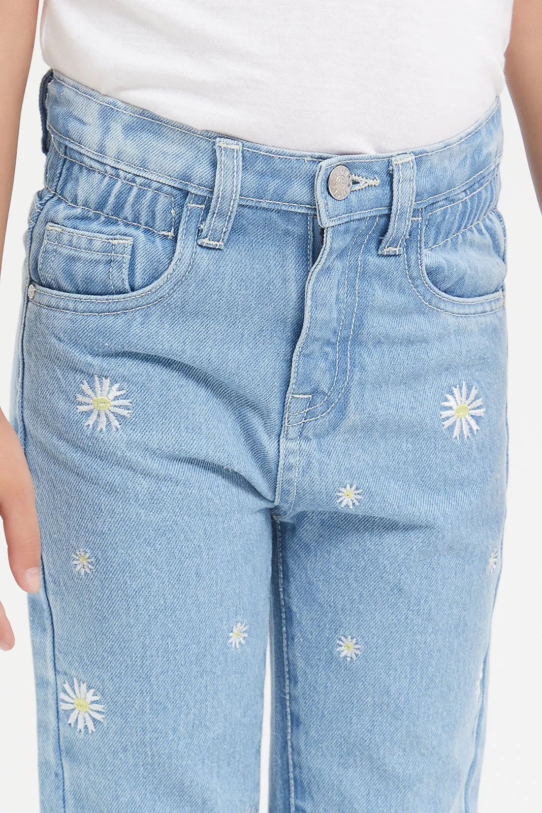 Girls Blue Flower Embroidered Jeggings