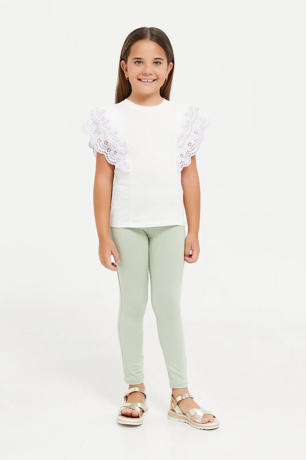 Girls Green Plain Jeggings