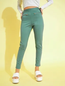 Girls Olive Metal Zipper Jeggings