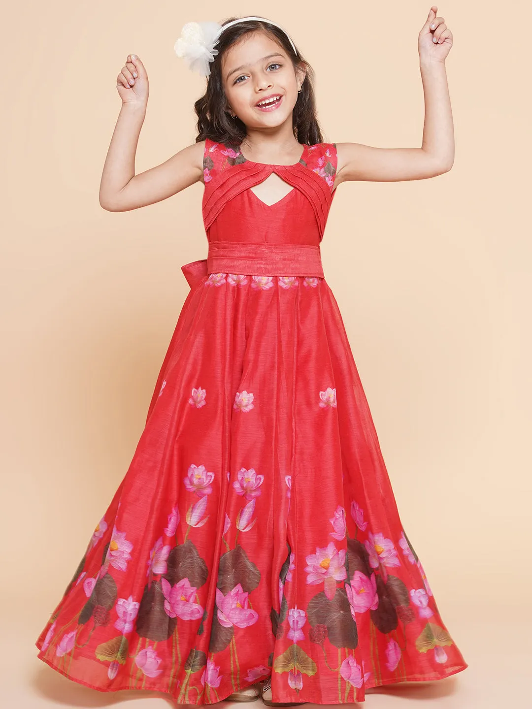Girls Red Floral Printed Dress