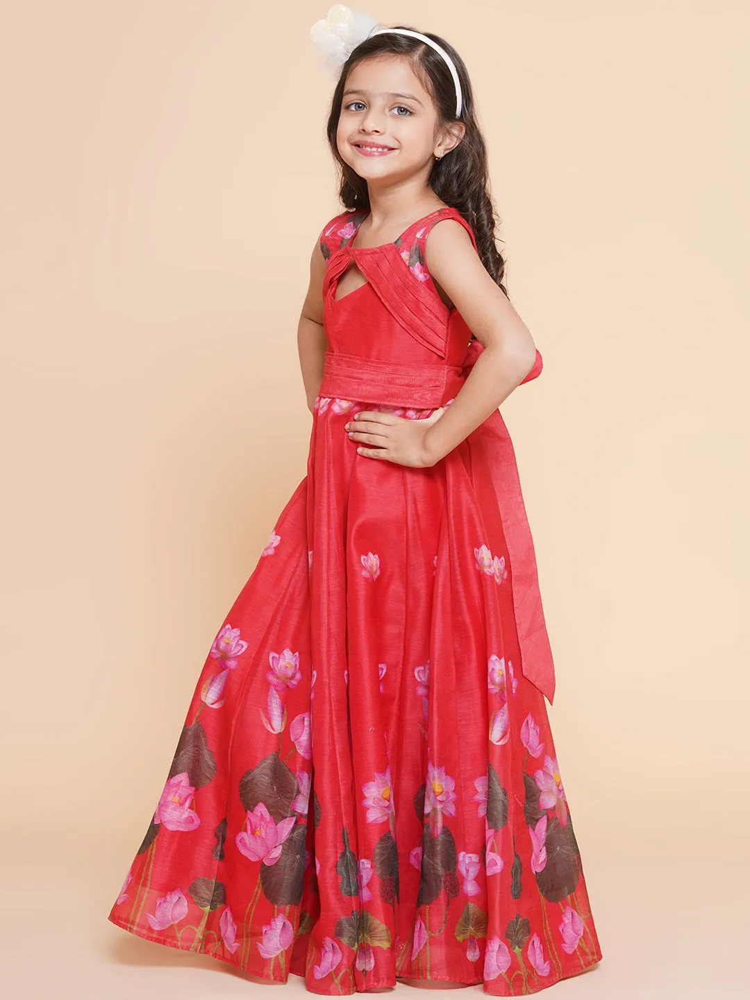 Girls Red Floral Printed Dress