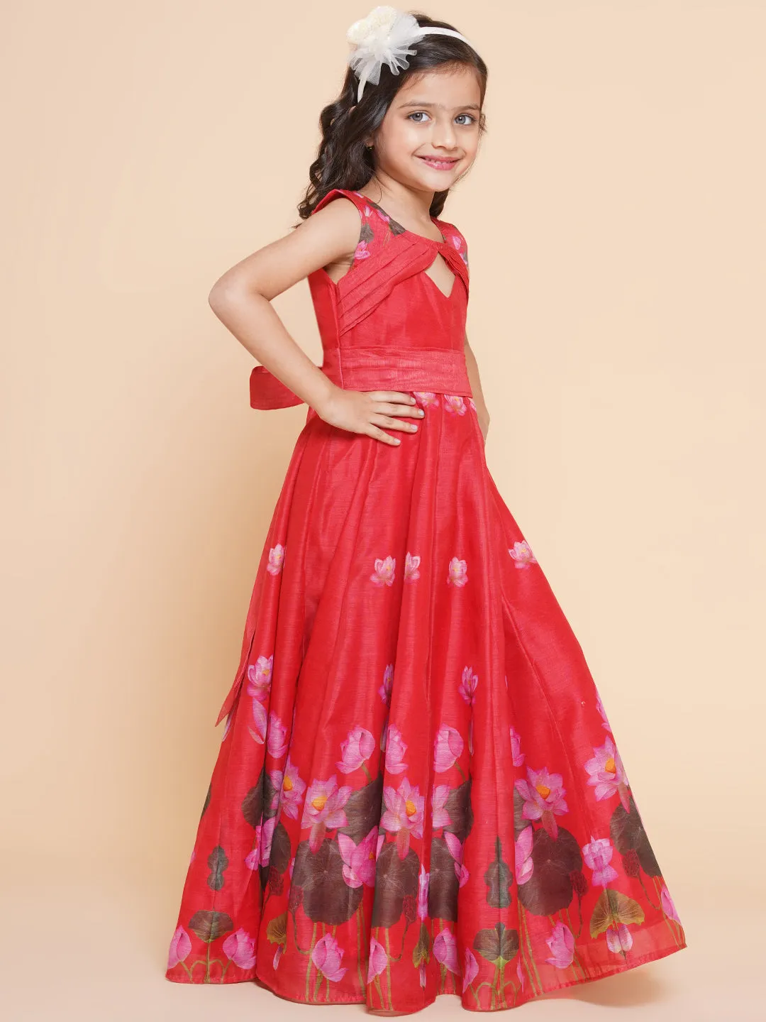 Girls Red Floral Printed Dress