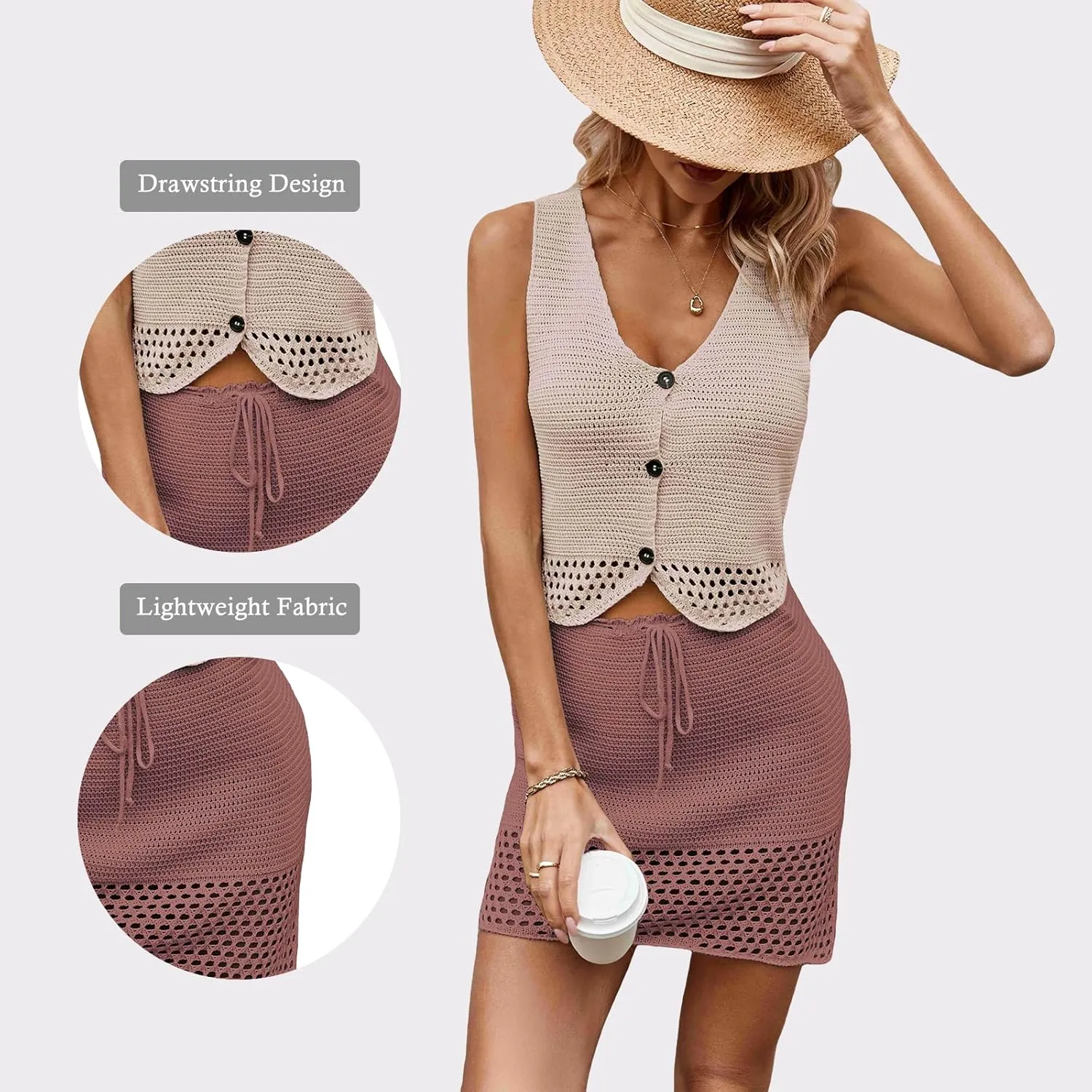 HANMAX Womens Summer 2 Piece Sets Crochet Knit Vest Top and Bodycon Mini Skirt Dress Sweater Outfits