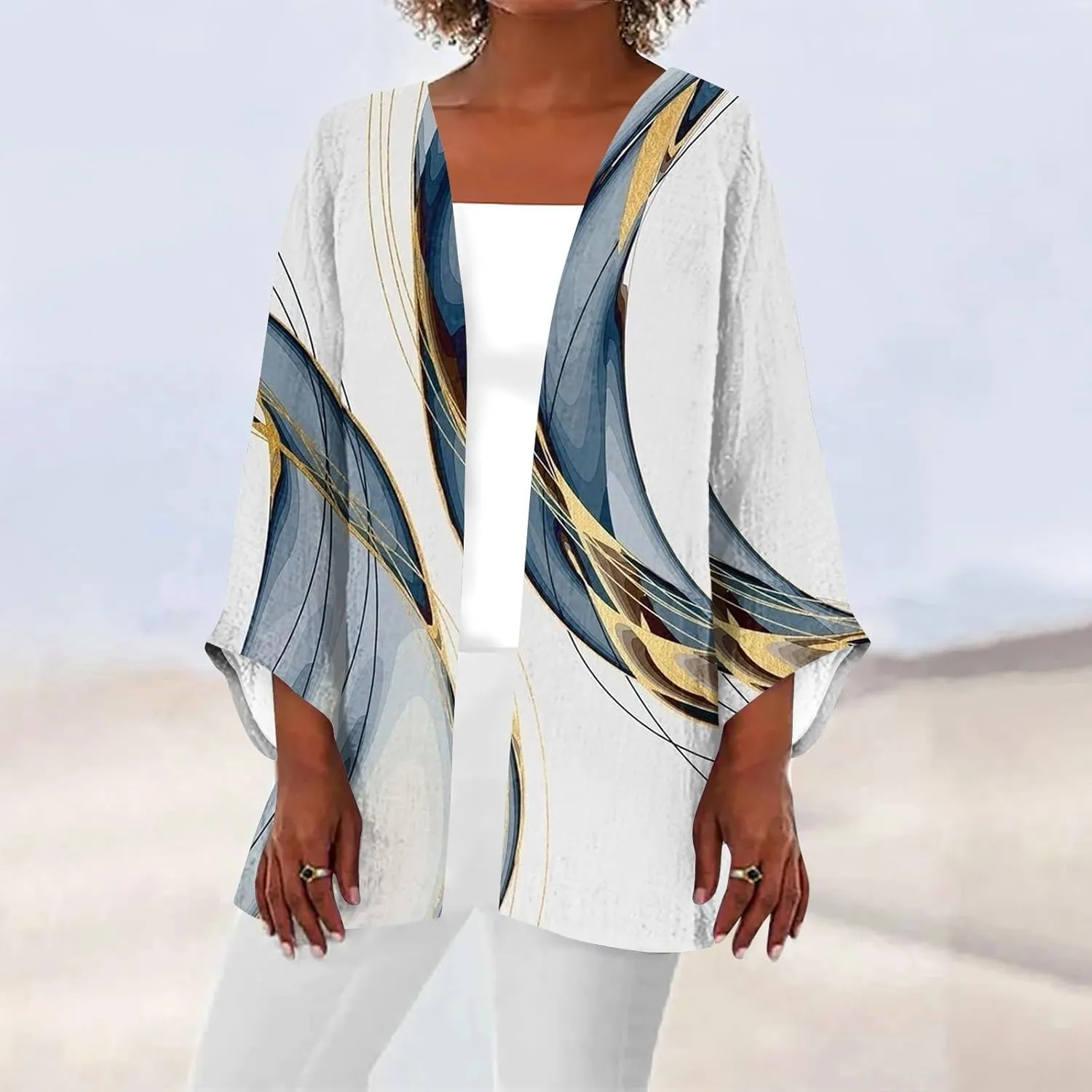 Hawaiian Boho Lightweight Jackets for Women Floral Print Puff Sleeve Kimono Cardigan Loose Cover Up Casual Blouse Top