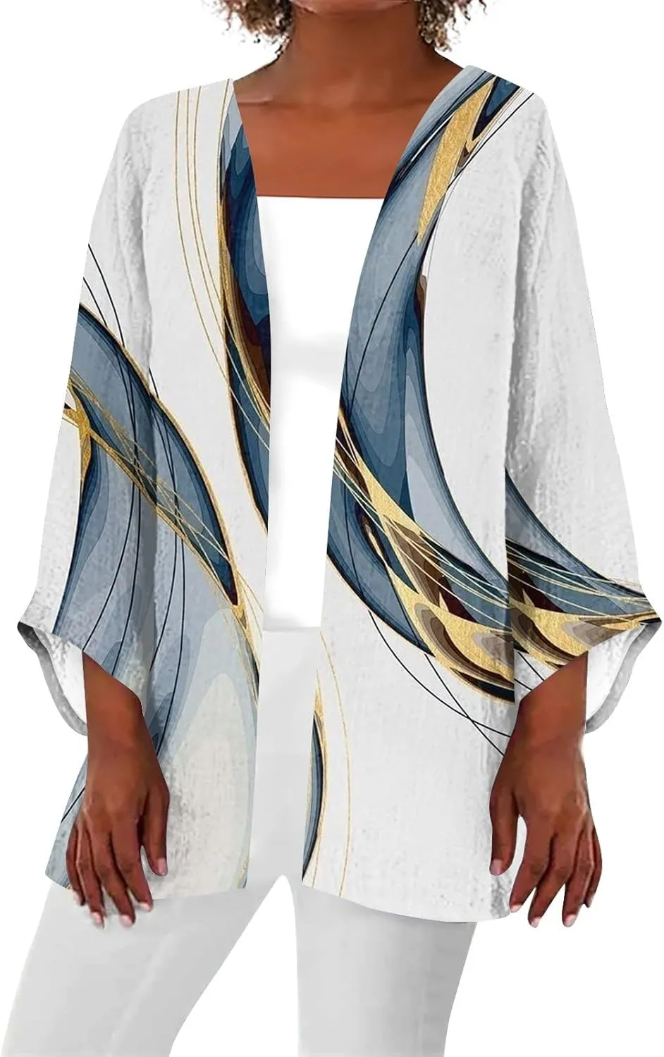 Hawaiian Boho Lightweight Jackets for Women Floral Print Puff Sleeve Kimono Cardigan Loose Cover Up Casual Blouse Top