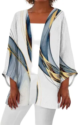 Hawaiian Boho Lightweight Jackets for Women Floral Print Puff Sleeve Kimono Cardigan Loose Cover Up Casual Blouse Top