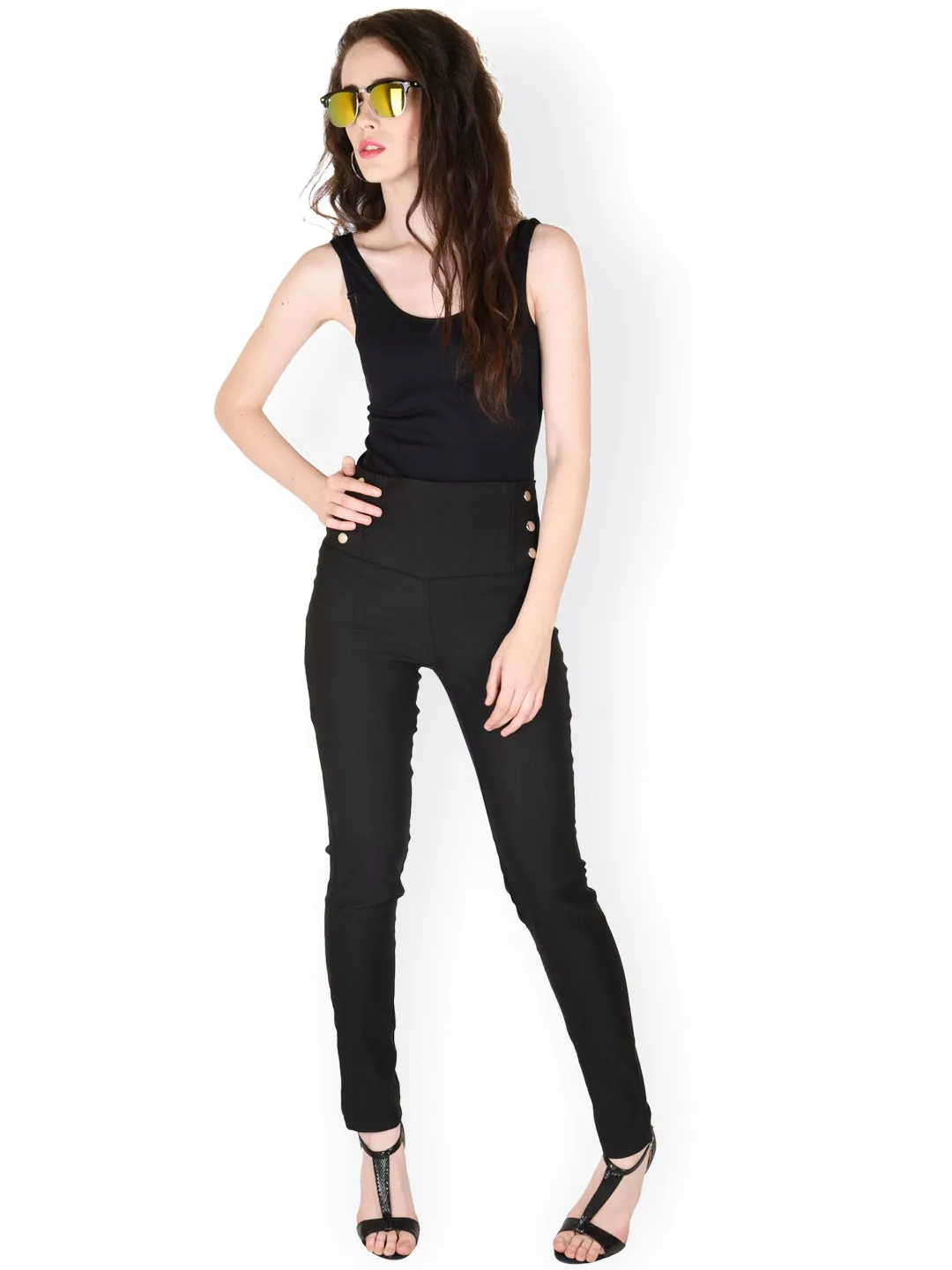 High Waisted Black Button Jeggings