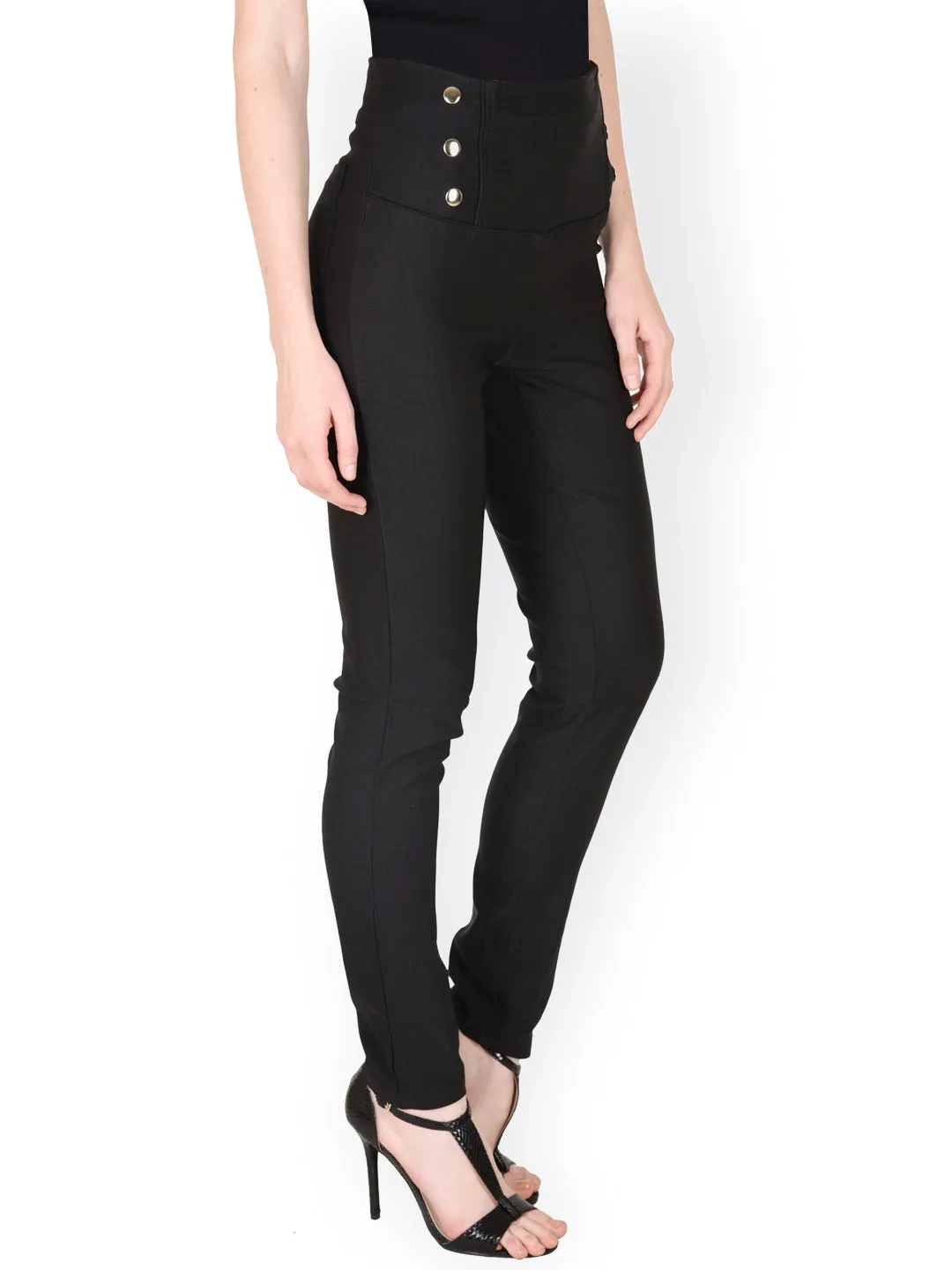 High Waisted Black Button Jeggings
