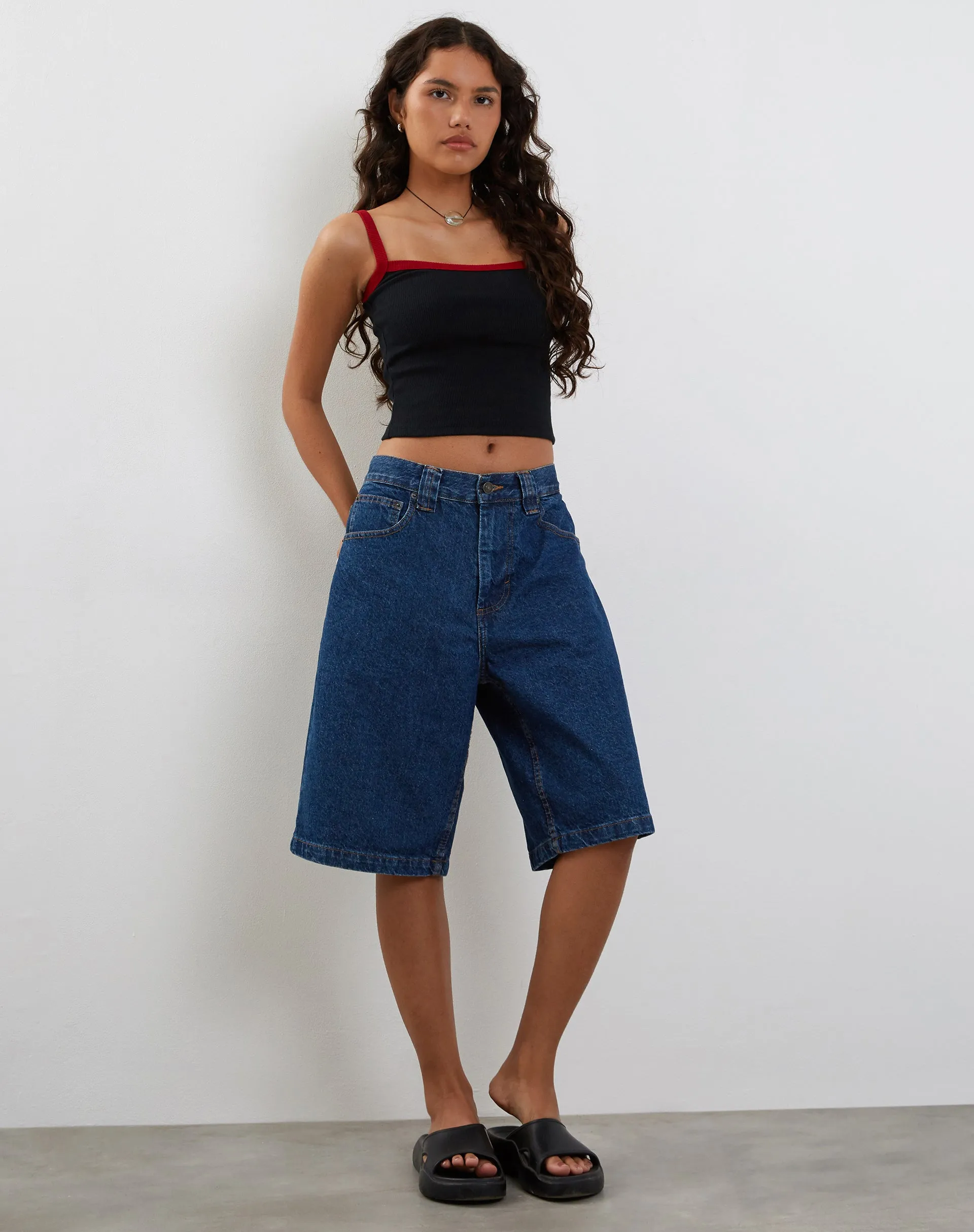 Icah Ribbed Vest Top in Black with Red Binding