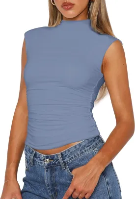 IWD Womens Mock Neck Sleeveless Tops Summer Fitted Tank Tops Sleeveless Shirts Side Ruched Basic Tops