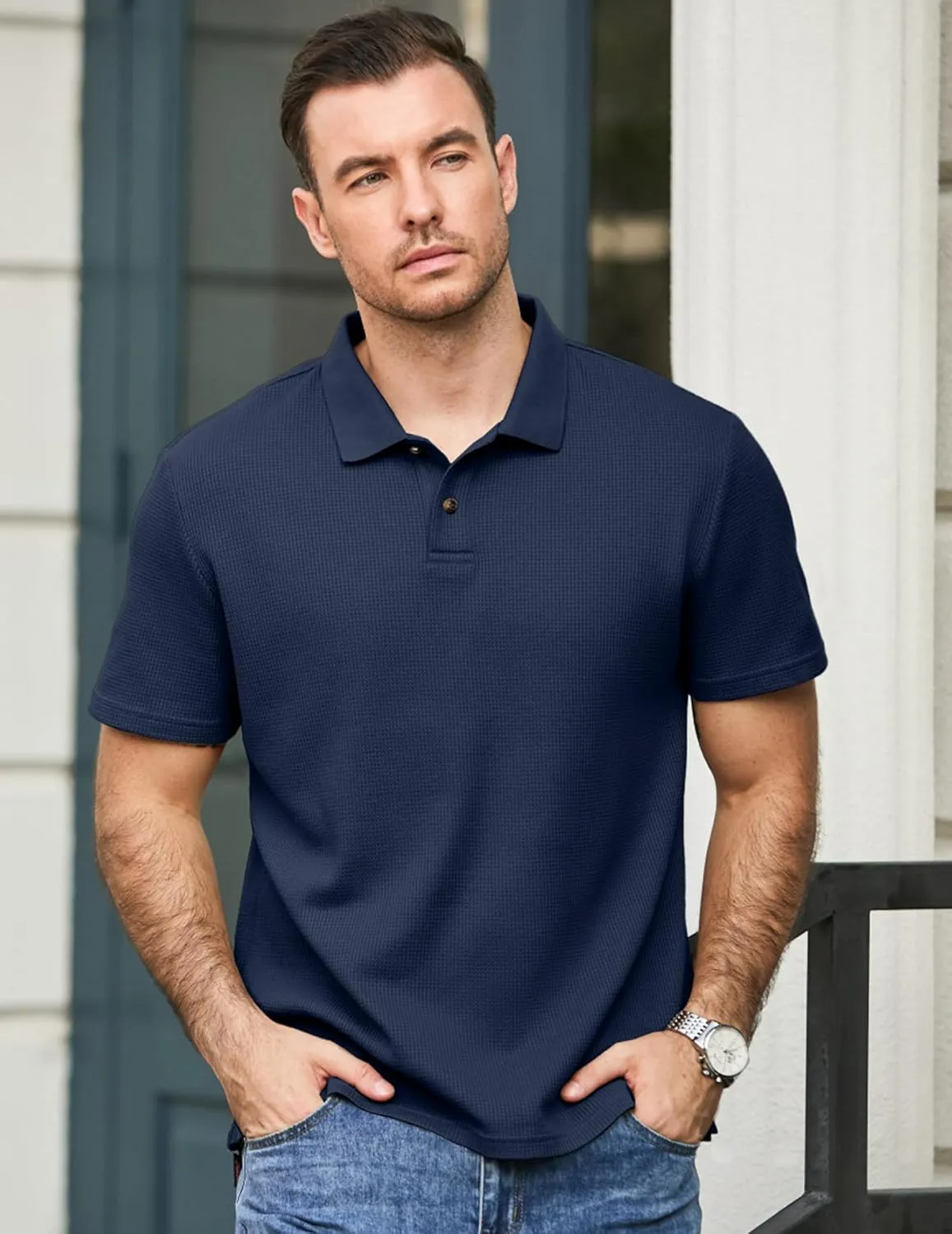 JMIERR Men's Waffle Polo Shirts Summer Casual Short Sleeve T-Shirt Button Up Solid Color Henley Shirts