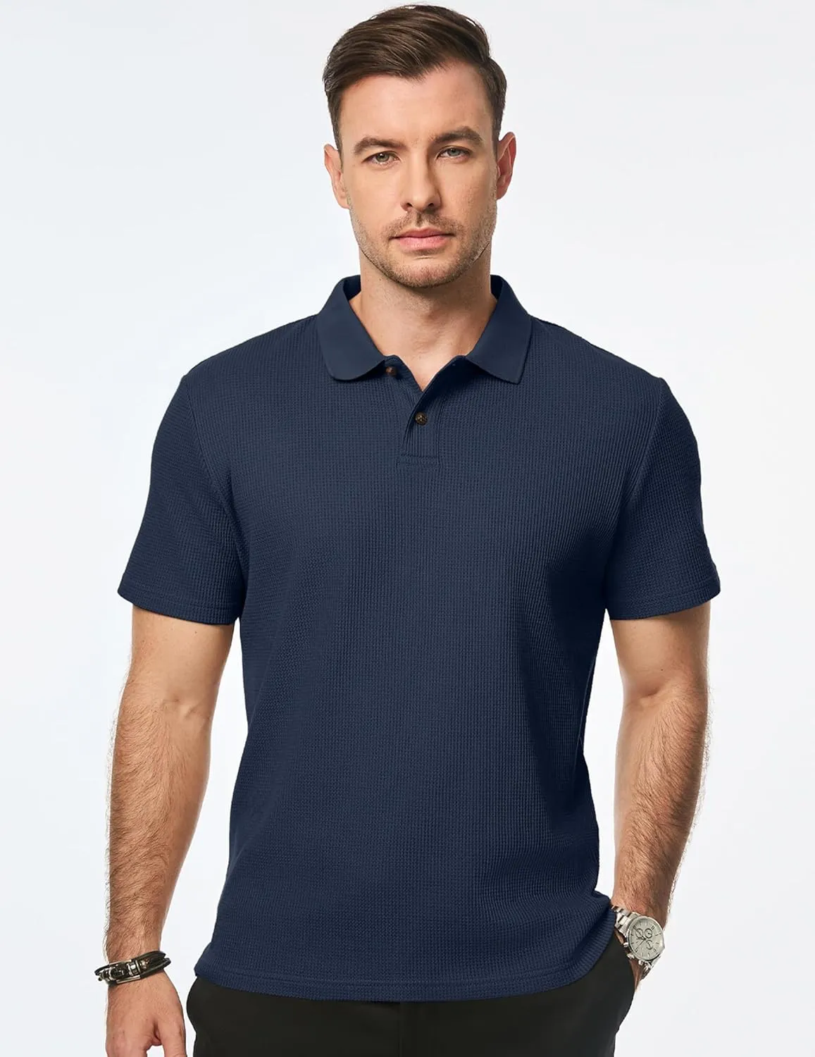 JMIERR Men's Waffle Polo Shirts Summer Casual Short Sleeve T-Shirt Button Up Solid Color Henley Shirts