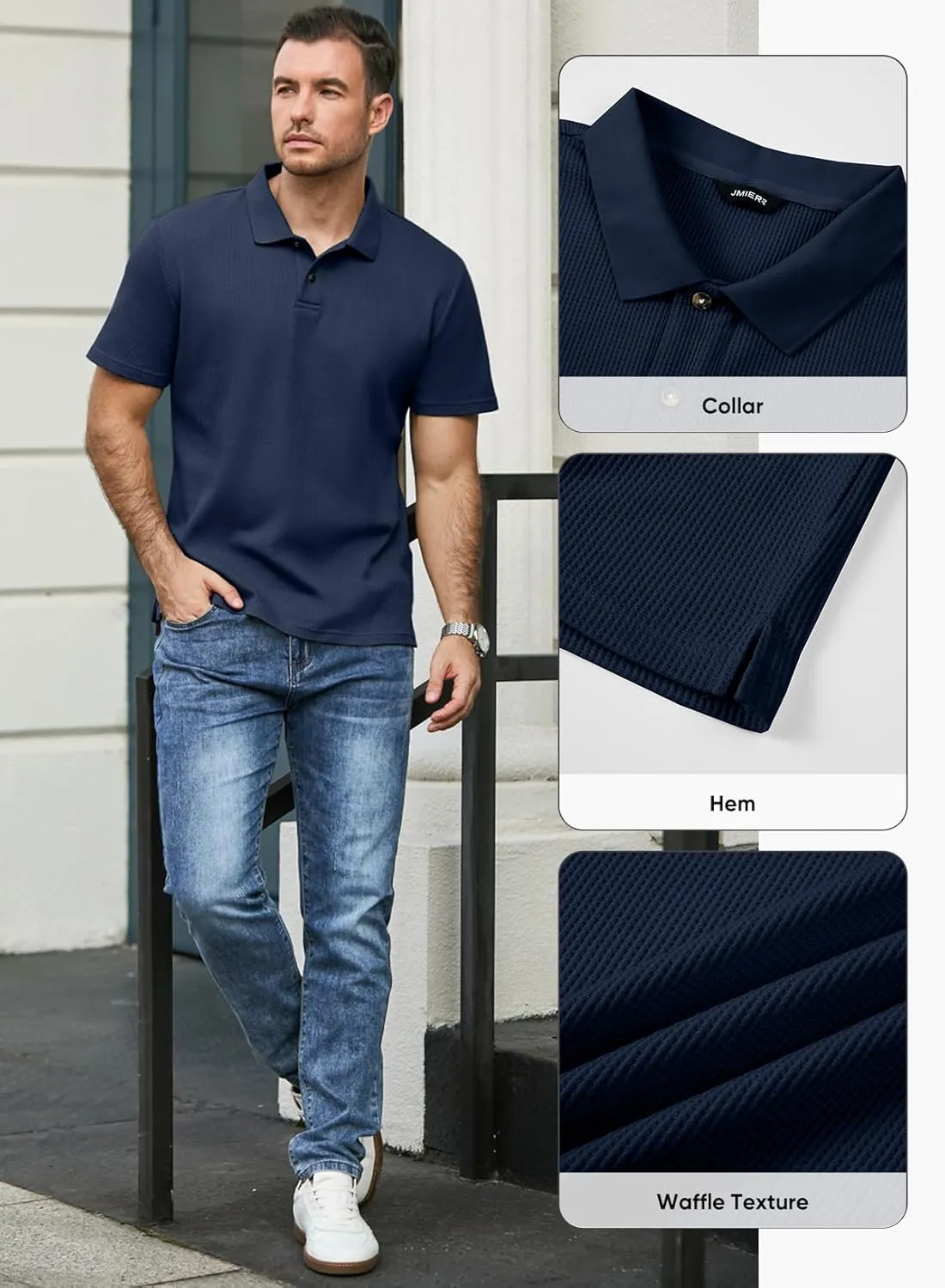 JMIERR Men's Waffle Polo Shirts Summer Casual Short Sleeve T-Shirt Button Up Solid Color Henley Shirts