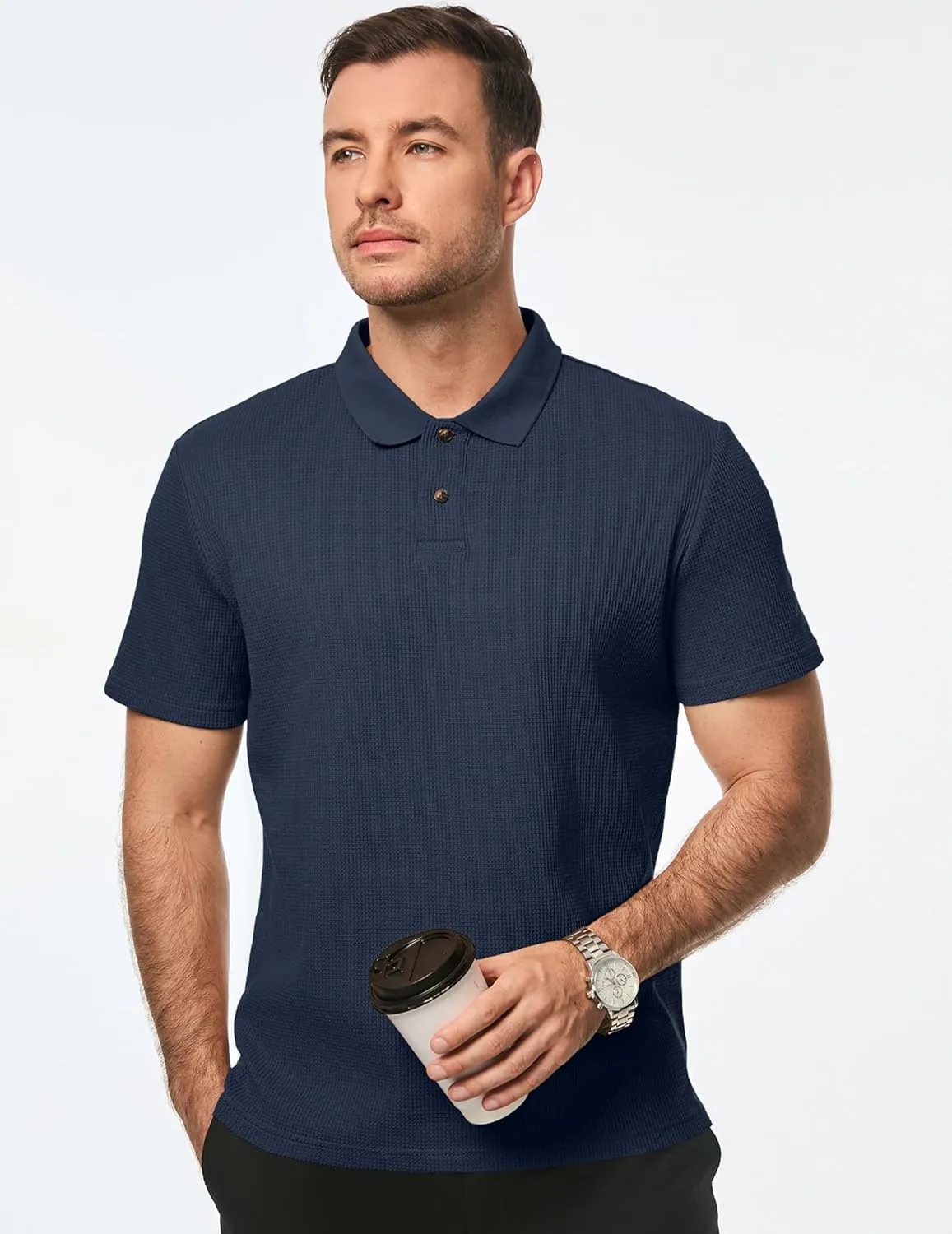 JMIERR Men's Waffle Polo Shirts Summer Casual Short Sleeve T-Shirt Button Up Solid Color Henley Shirts