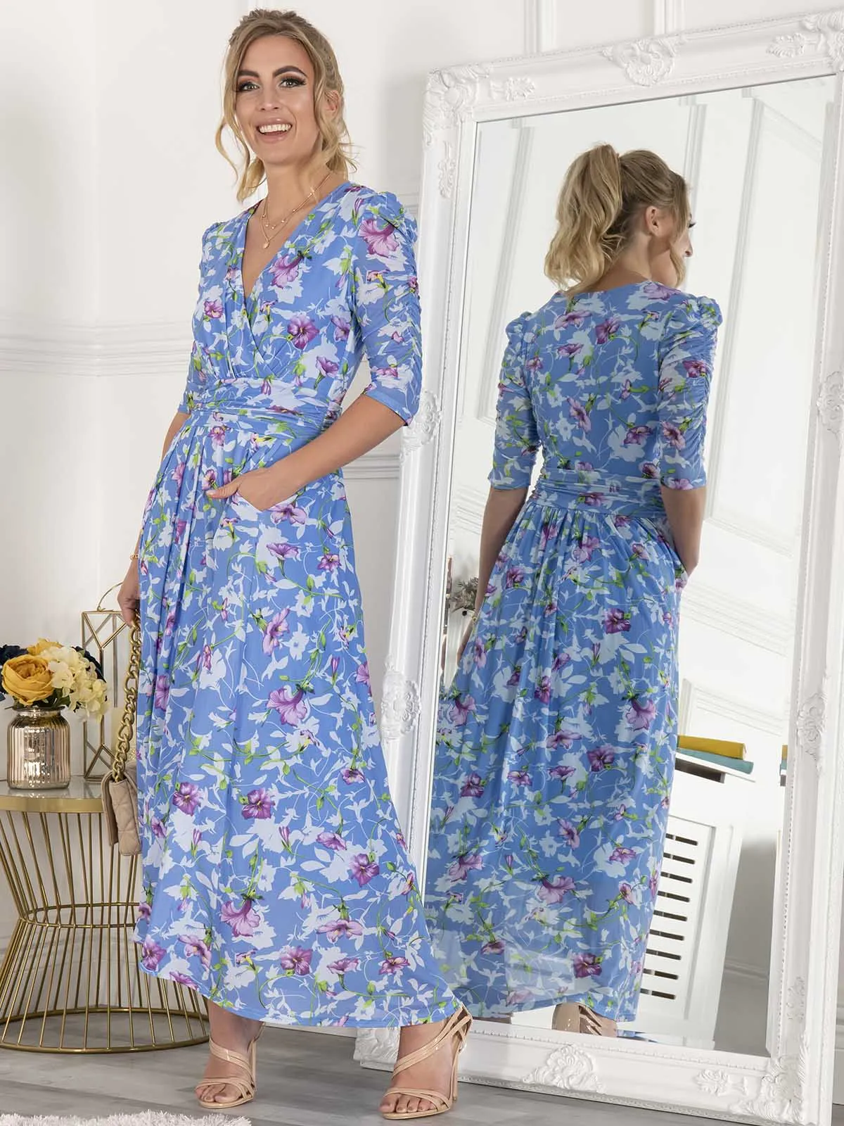 Jolie Moi Ressie Dip Hem Maxi Dress, Blue Floral