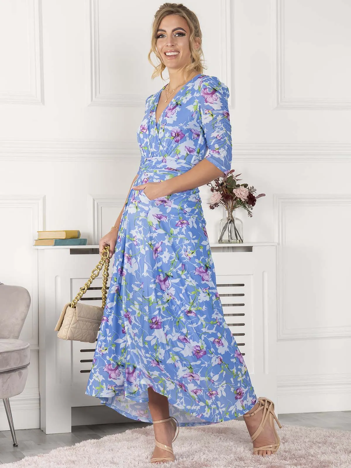 Jolie Moi Ressie Dip Hem Maxi Dress, Blue Floral