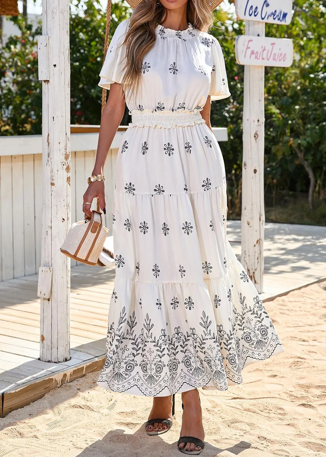 KIRUNDO Maxi Dresses for Women 2025 Floral Short Sleeve Spring Summer Smocked Waist Round Neck Flowy Beach Vacation Dress