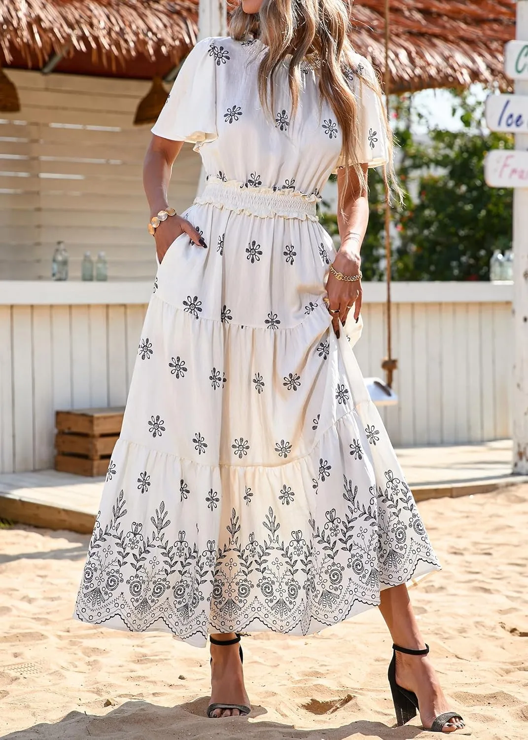KIRUNDO Maxi Dresses for Women 2025 Floral Short Sleeve Spring Summer Smocked Waist Round Neck Flowy Beach Vacation Dress