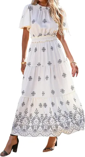 KIRUNDO Maxi Dresses for Women 2025 Floral Short Sleeve Spring Summer Smocked Waist Round Neck Flowy Beach Vacation Dress