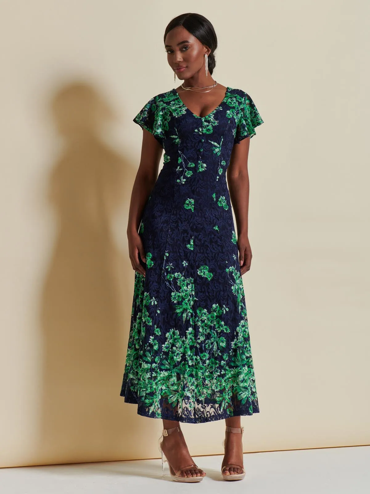 Lace Floral Print Fit & Flare Maxi Dress, Green Floral