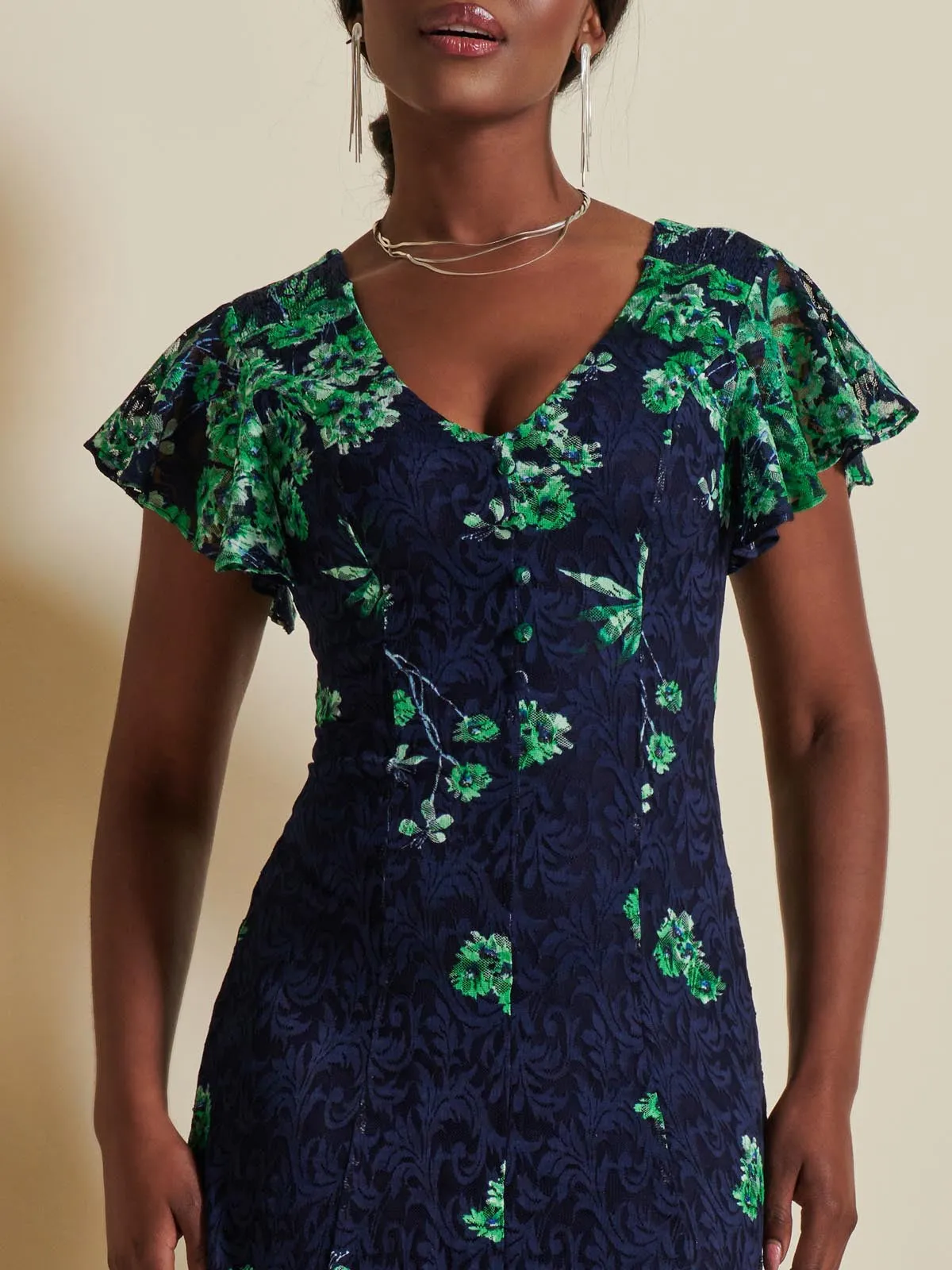 Lace Floral Print Fit & Flare Maxi Dress, Green Floral