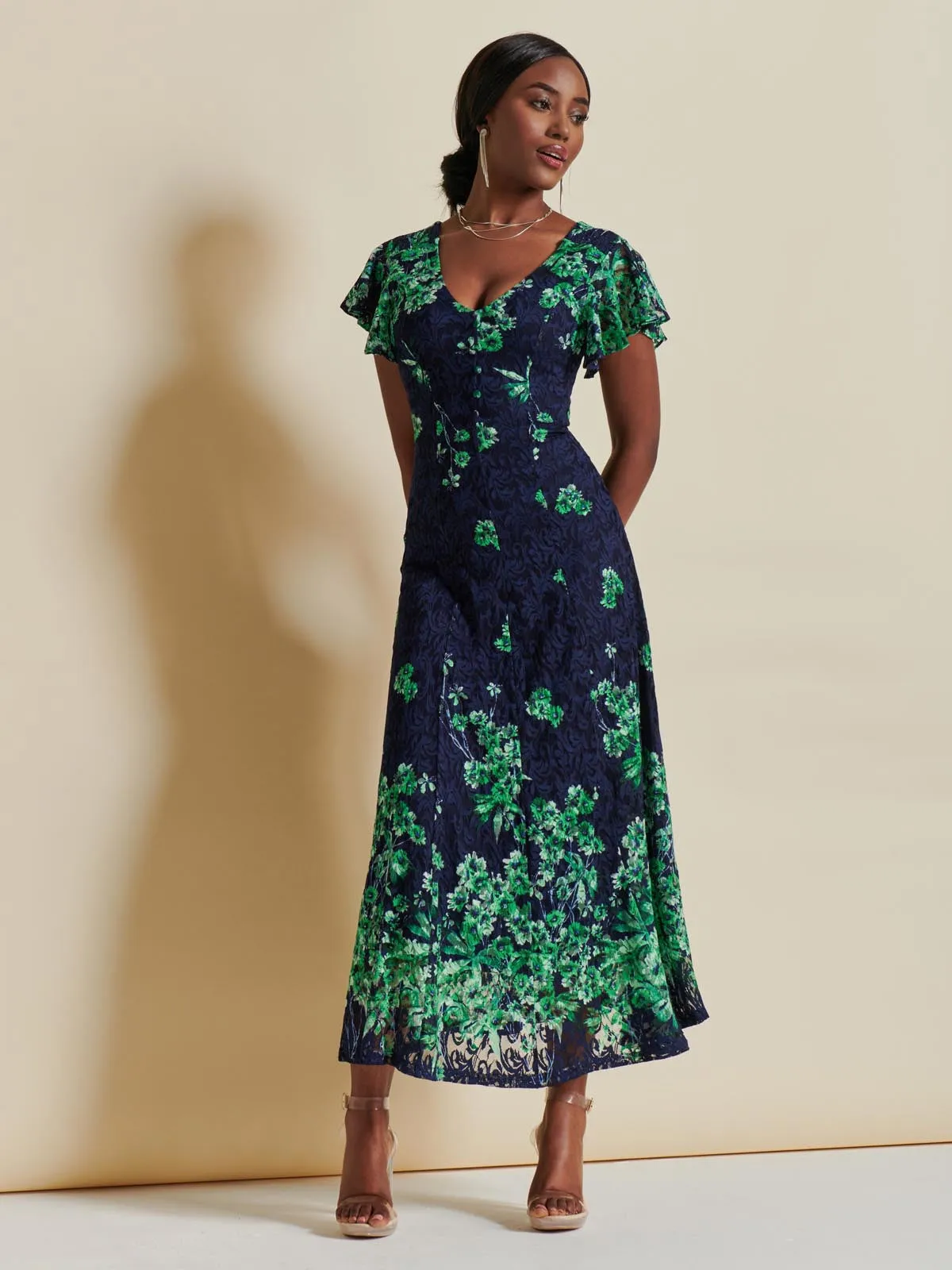 Lace Floral Print Fit & Flare Maxi Dress, Green Floral
