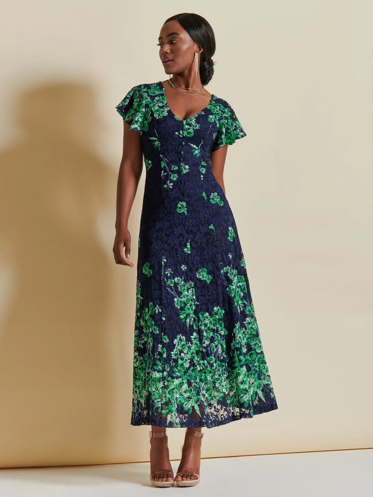Lace Floral Print Fit & Flare Maxi Dress, Green Floral