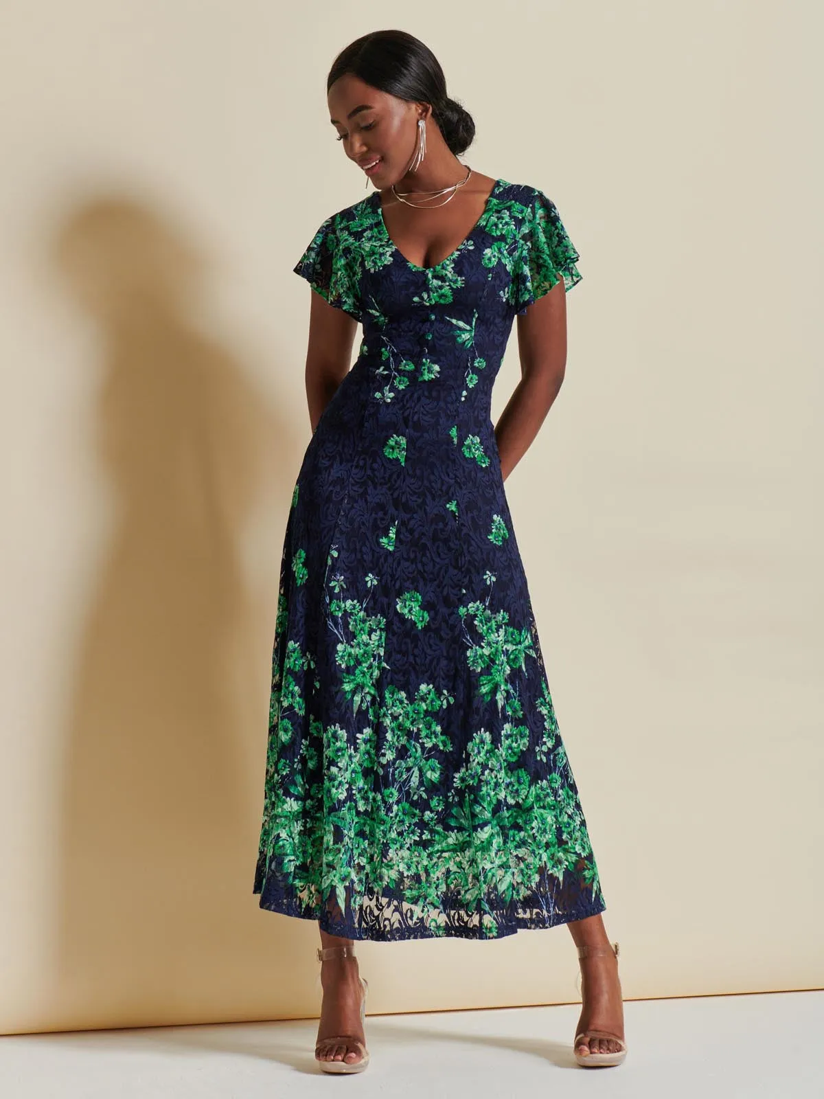 Lace Floral Print Fit & Flare Maxi Dress, Green Floral