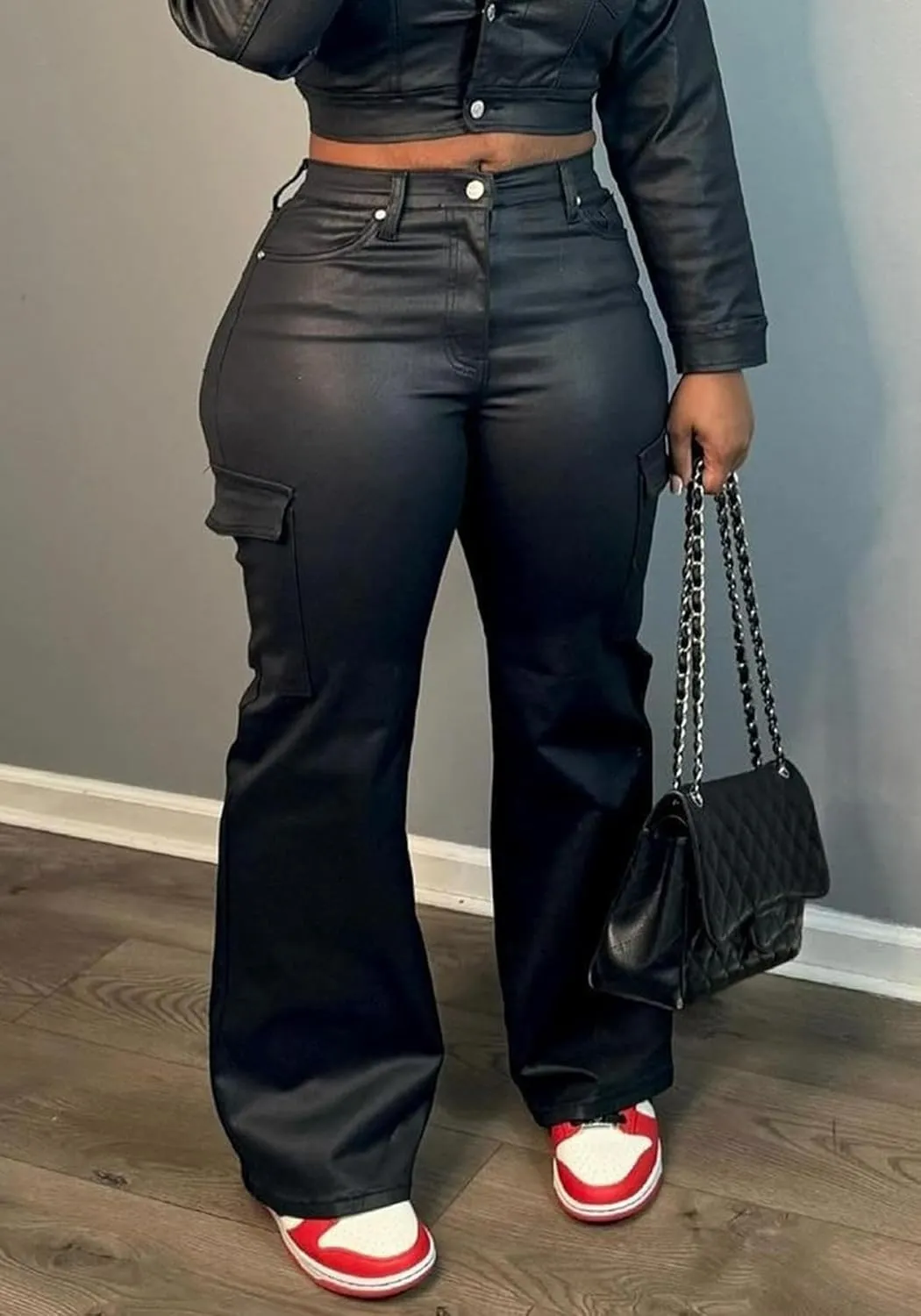 LKOUS Women's Cargo Leather 2 Piece Outfit, Long Sleeve Crop Jacket and Flare Pants Set with Multipocket