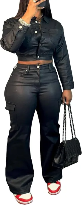 LKOUS Women's Cargo Leather 2 Piece Outfit, Long Sleeve Crop Jacket and Flare Pants Set with Multipocket