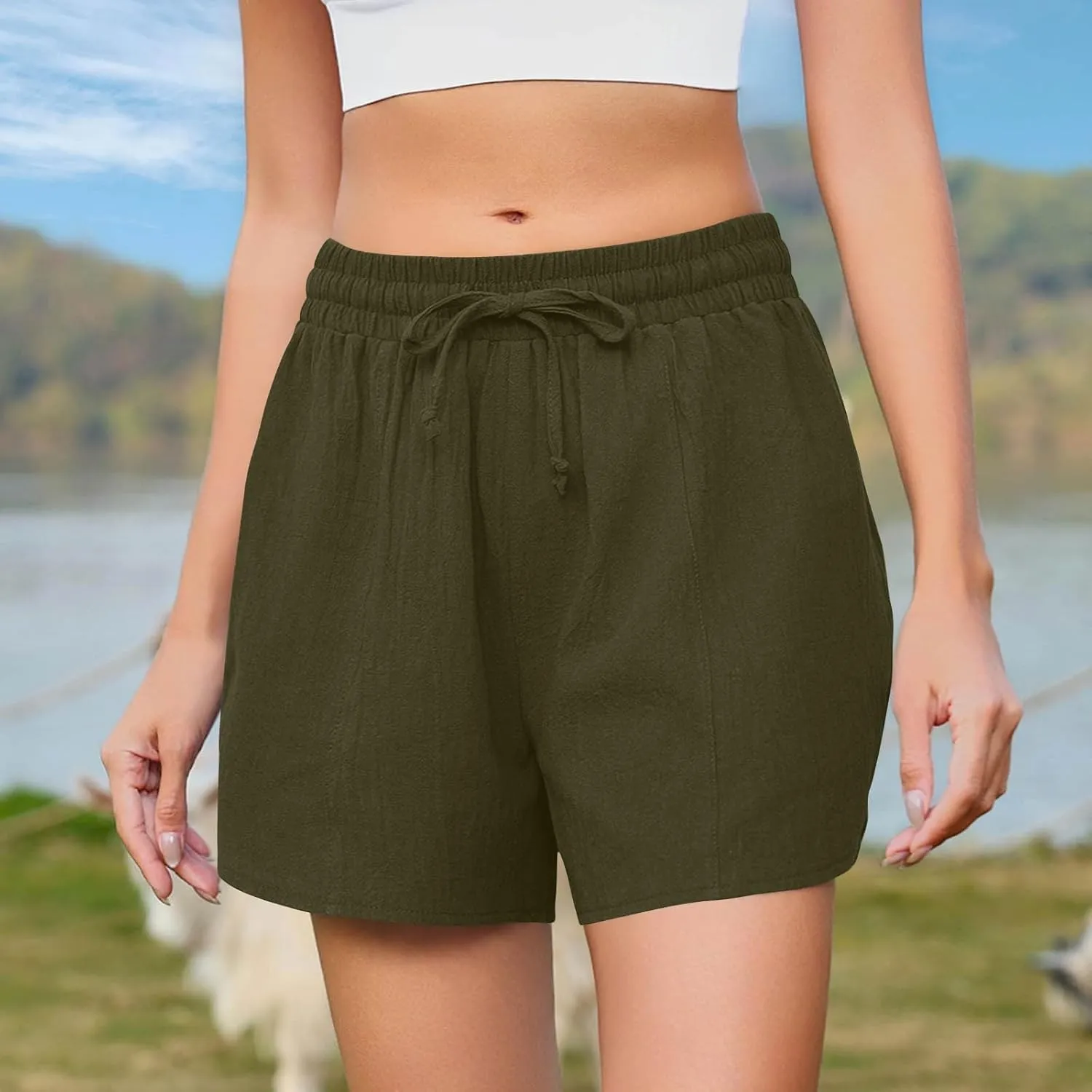 Lounge Shorts for Women Drawstring Summer Pull on Shorts Elastic High Waisted Wide Leg Short Beach Pants with Pockets