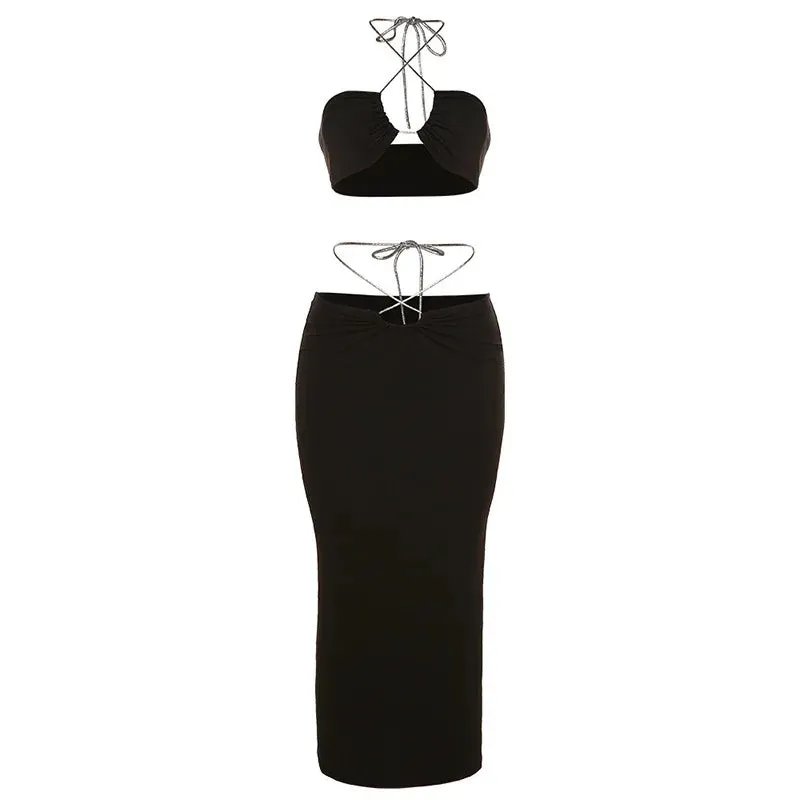 LVSANW 007 Skirt Sets Two Piece Sets Womens Outifits Design Silver Rope Halter Top Midi Skirt