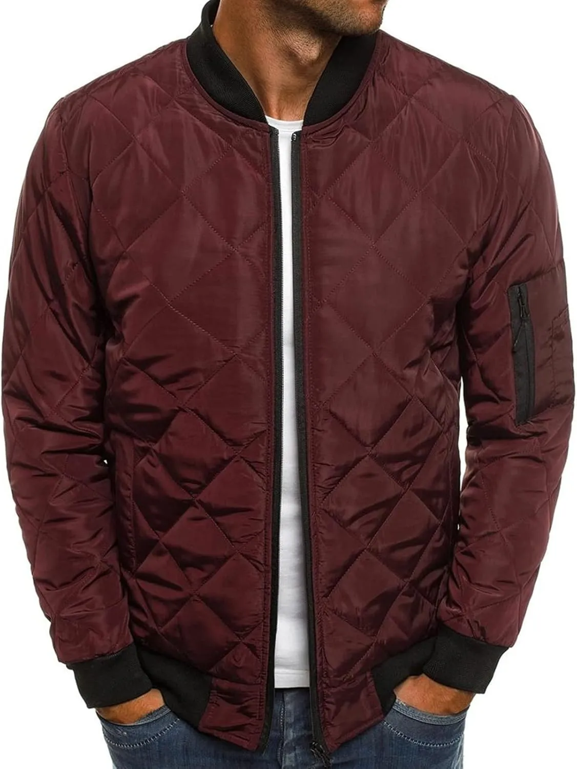 Maiyifu-GJ Men Diamond Quilted Bomber Jacket Lightweight Softshell Flight Jackets Windbreaker Varsity Slim Fit Full Zip Coat