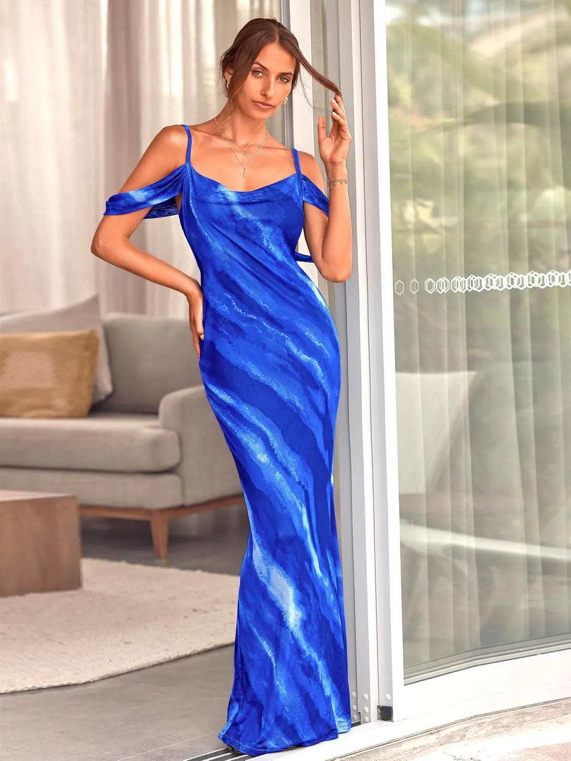 MASCOMODA Spaghetti Strap Long Maxi Dresses for Women 2025 Summer Floral Sexy Bodycon Backless Formal Wedding Guest Dress