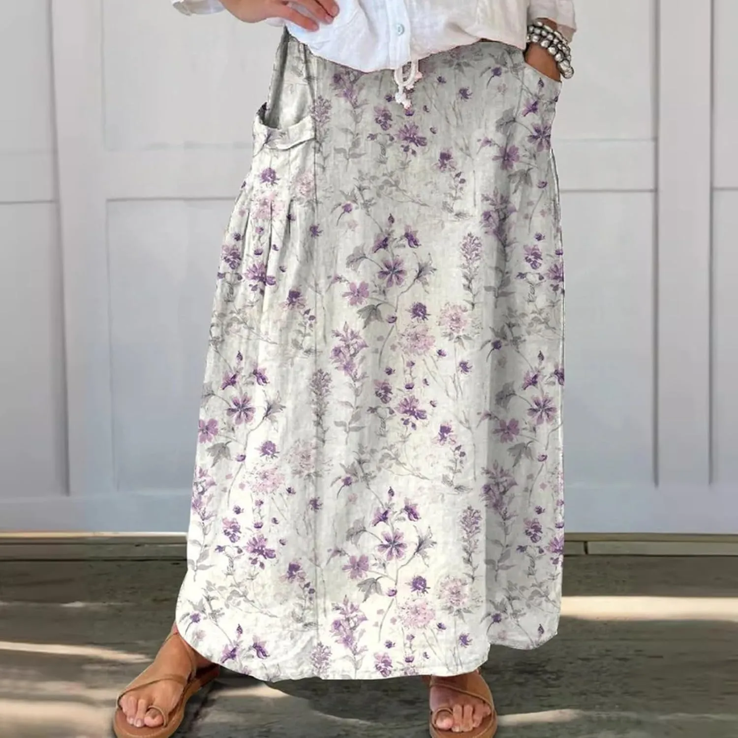 Maxi Skirts for Women Floral Print Elastic Waist Bohemian Hippie Long Skirt Vintage Boho Beach Skirts with Pockets