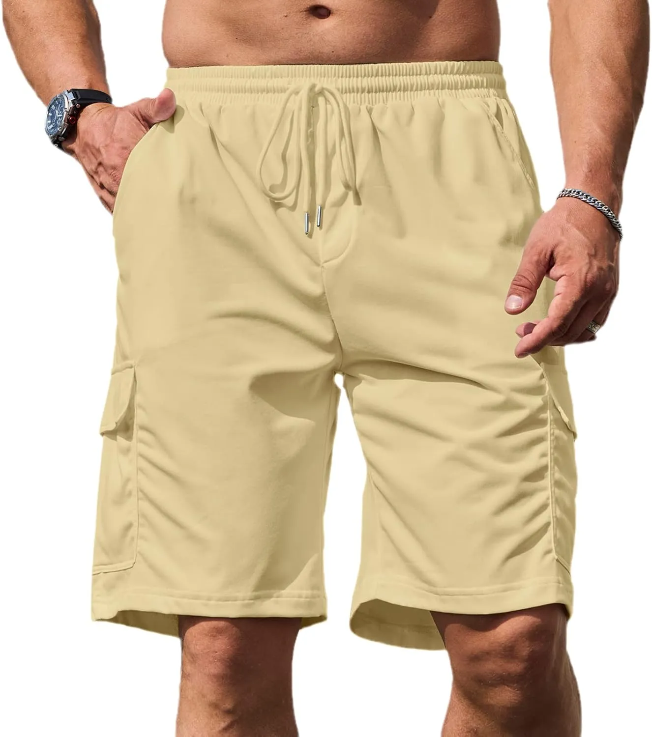 Men's Cargo Shorts Elastic Waist Outdoor Relaxed Fit Sport Shorts Jogger Lightweight Hiking Shorts with Pockets