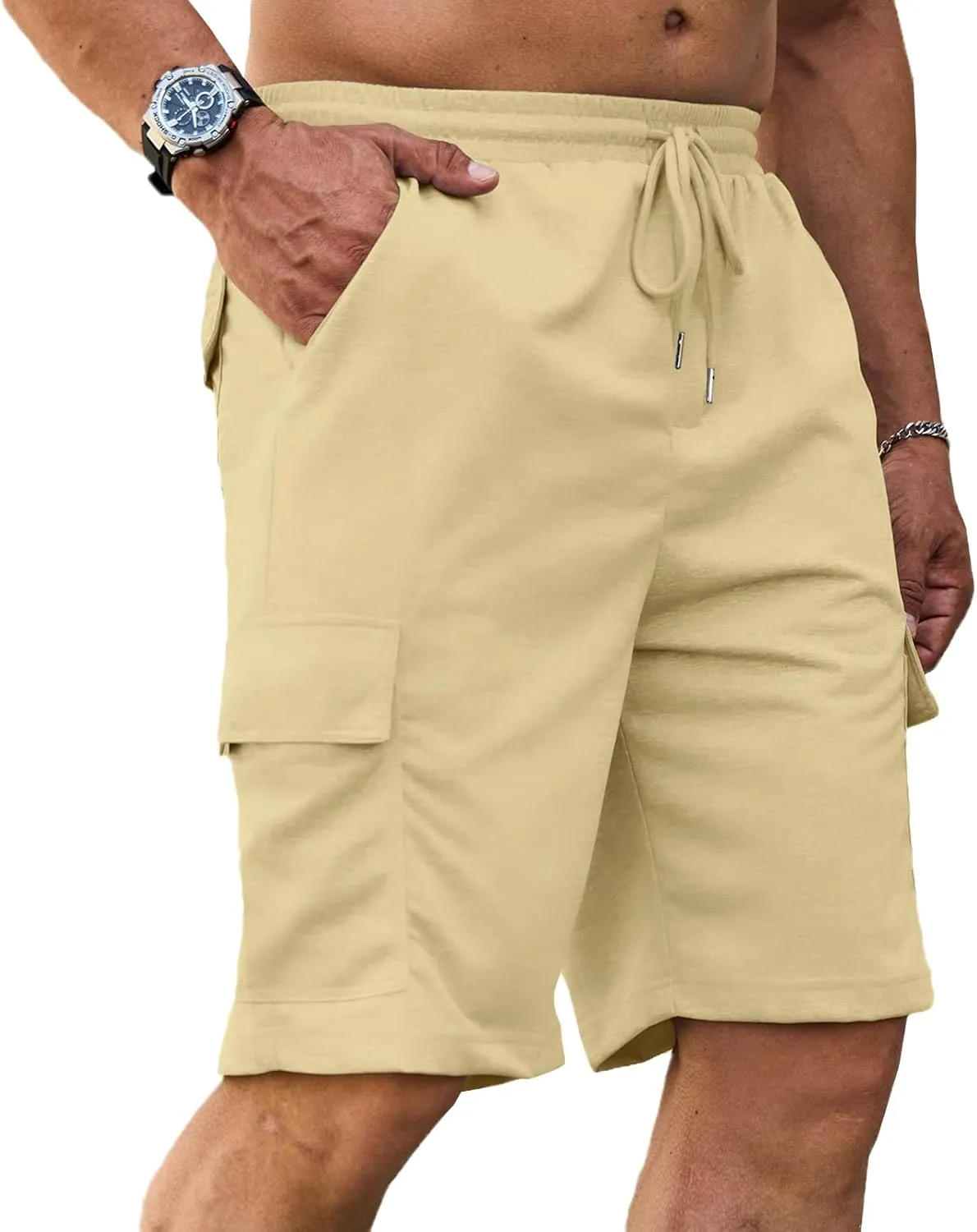 Men's Cargo Shorts Elastic Waist Outdoor Relaxed Fit Sport Shorts Jogger Lightweight Hiking Shorts with Pockets