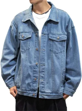 Mens Fashion Denim Jackets Casual Loose Fit Button Down Denim Trucker Jackets Long Sleeve Distressed Cowboys Jacket