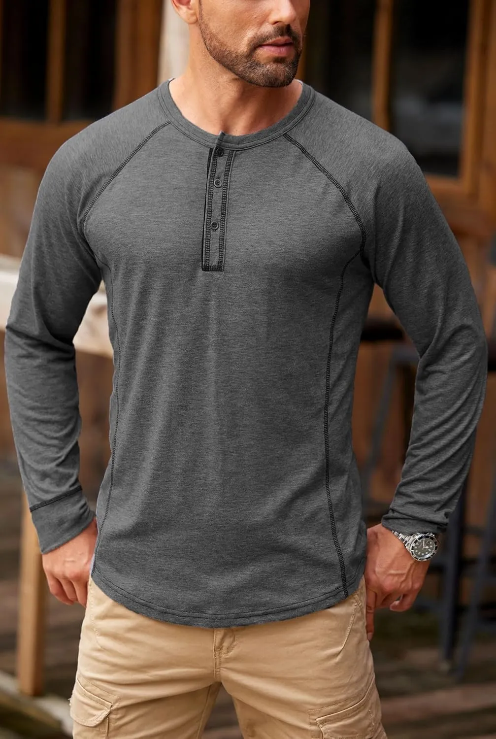 Mens Henley Shirts Long Sleeve Casual Classic Button Raglan T-Shirt (S-XXL)