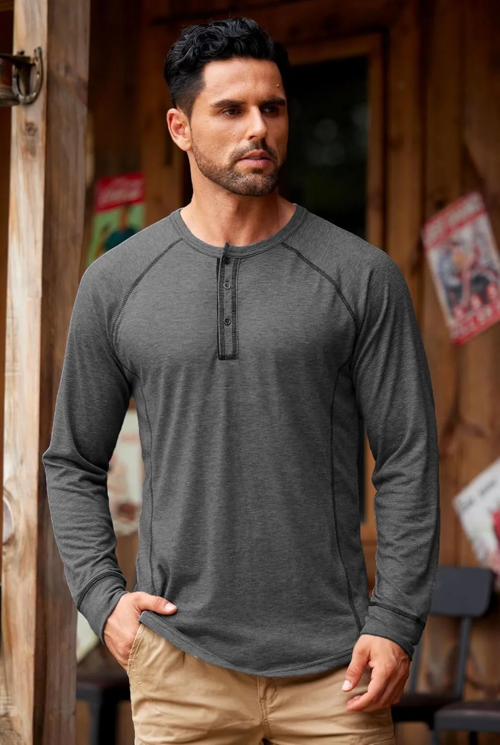 Mens Henley Shirts Long Sleeve Casual Classic Button Raglan T-Shirt (S-XXL)