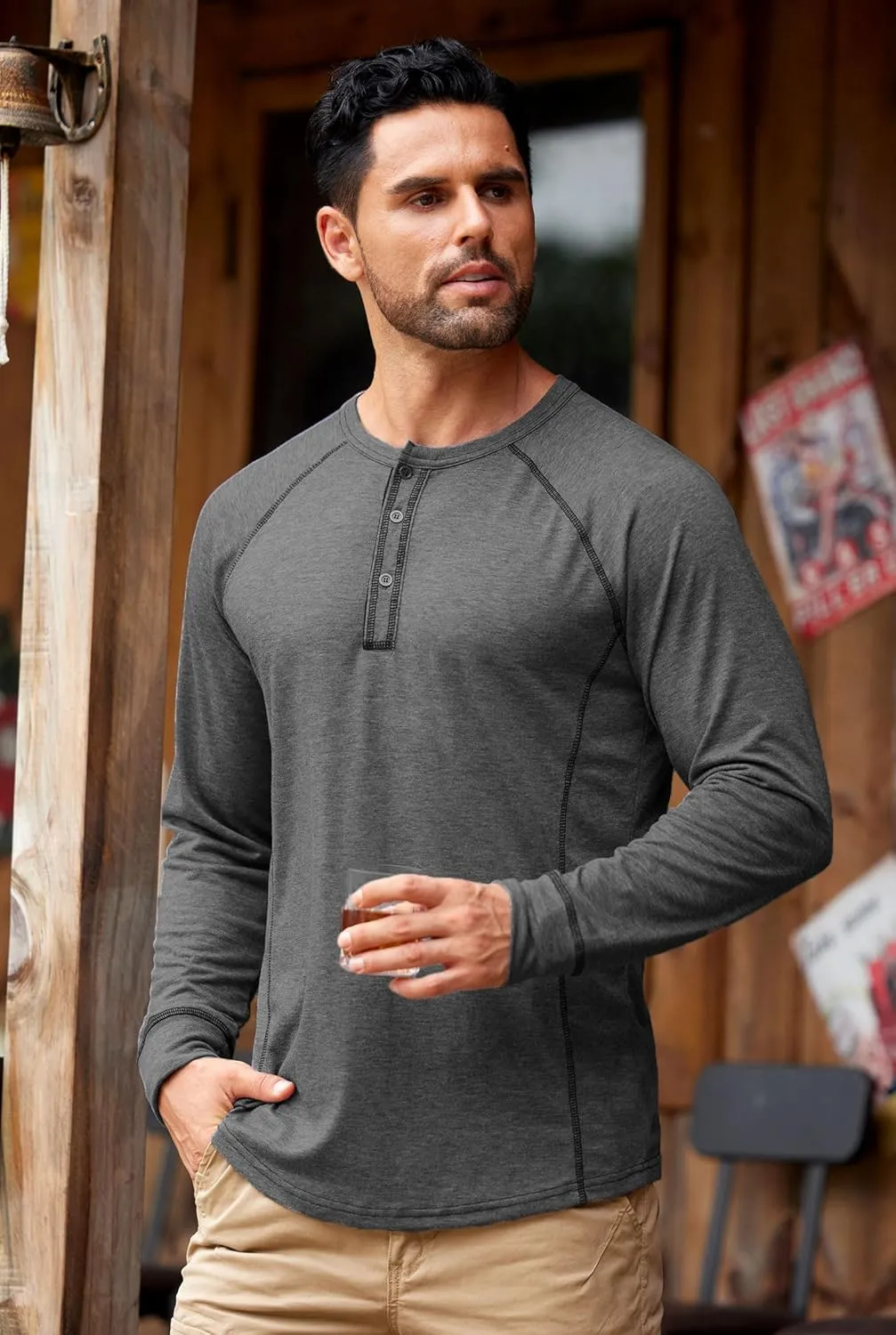 Mens Henley Shirts Long Sleeve Casual Classic Button Raglan T-Shirt (S-XXL)
