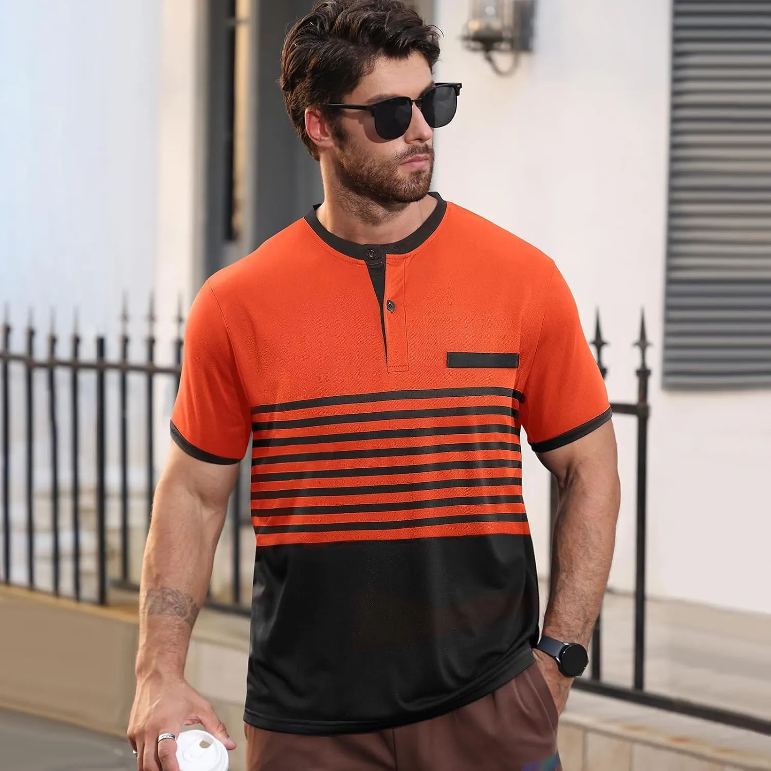 Mens T-Shirts Short Sleeve Button Casual Stylish Basic Tees Work Striped Shirts Henley Summer Lightweight Stretch Top