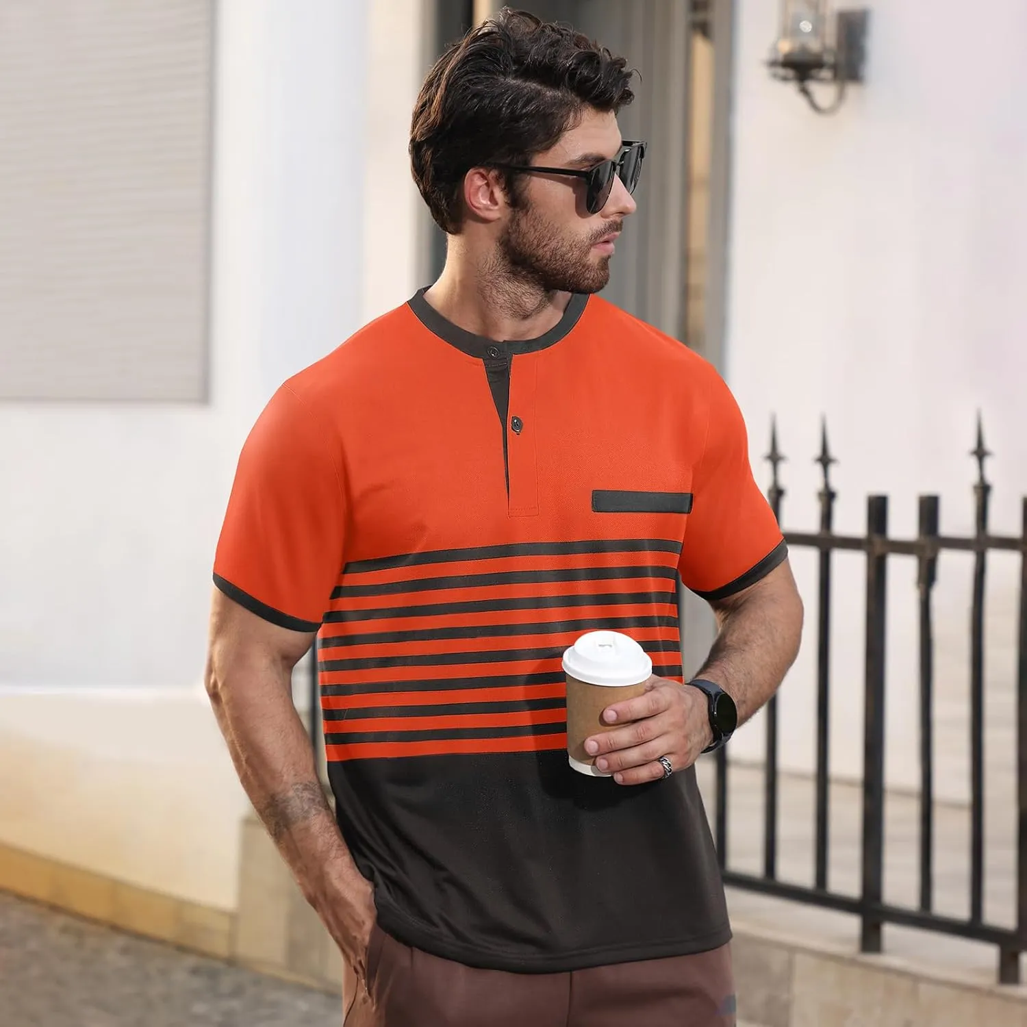 Mens T-Shirts Short Sleeve Button Casual Stylish Basic Tees Work Striped Shirts Henley Summer Lightweight Stretch Top