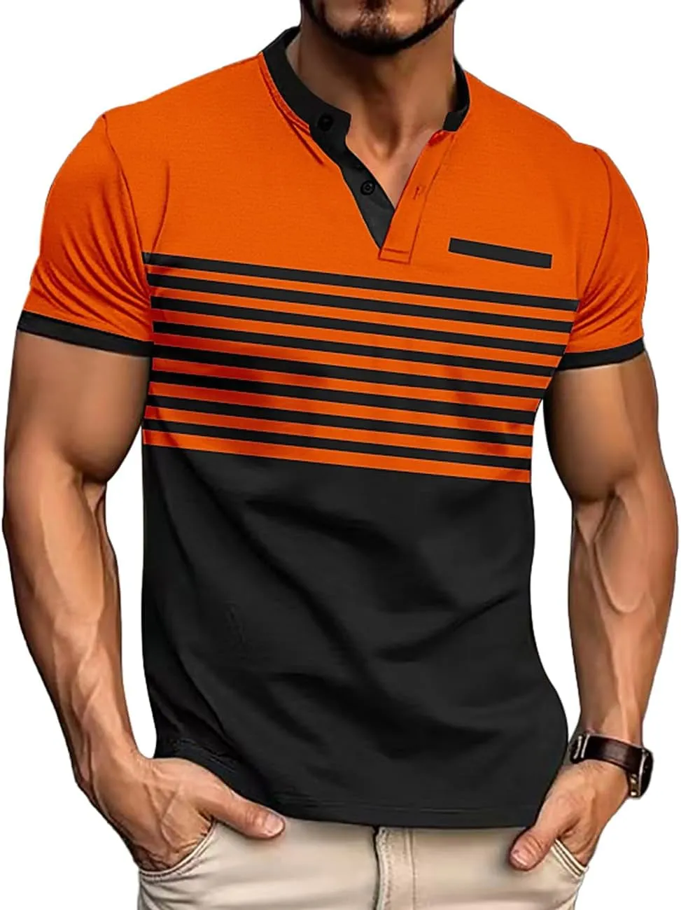 Mens T-Shirts Short Sleeve Button Casual Stylish Basic Tees Work Striped Shirts Henley Summer Lightweight Stretch Top